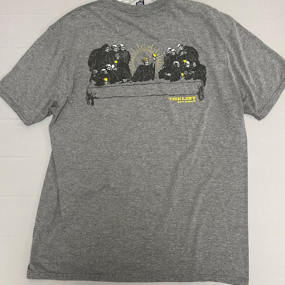Electric Brewing Co. The List Skeleton Skulls Last Supper Gray Graphic Tee sz L